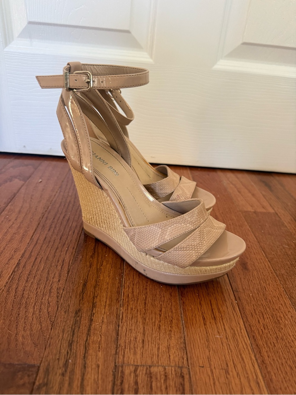 Gianni Bini Neutral Print Tan Wedge Sandals with Ankle Strap